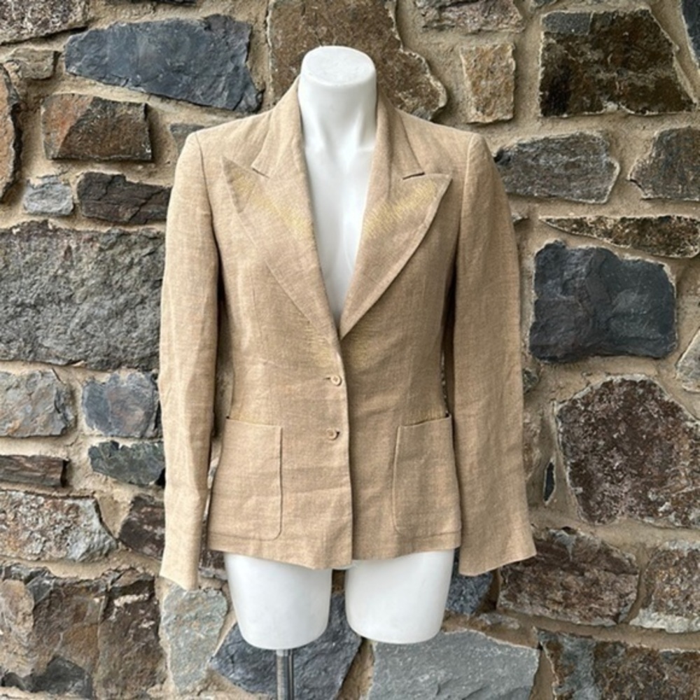 Fendi 365 Peak Collar Embroidered Linen Blazer Jacket in Tan Size 40